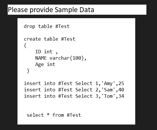 Provide Sample Data DDL